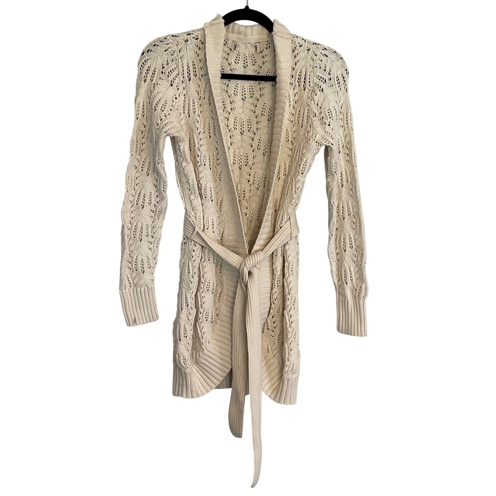 Cream Ivory Pointelle Knit Longline Cardigan Open Front Tie Belt Shawl‎ Collar